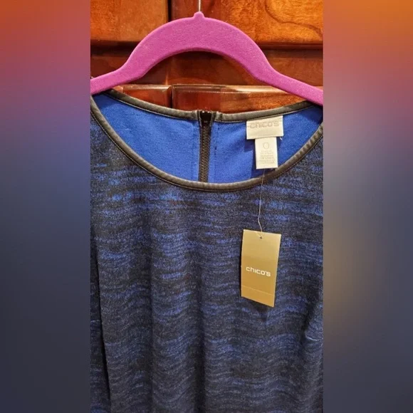 NWT Chico’s Faux Leather Trim Jacquard Blue Long Sleeve Dress Sz S/ Chicos Sz 0 - Picture 6 of 9